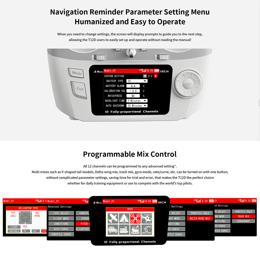Diagram showing multiple power supply options for the T12D transmitter, including AA batteries, 2S-4S LiPo, and 18650 Lithium battery, with reverse polarity protection.