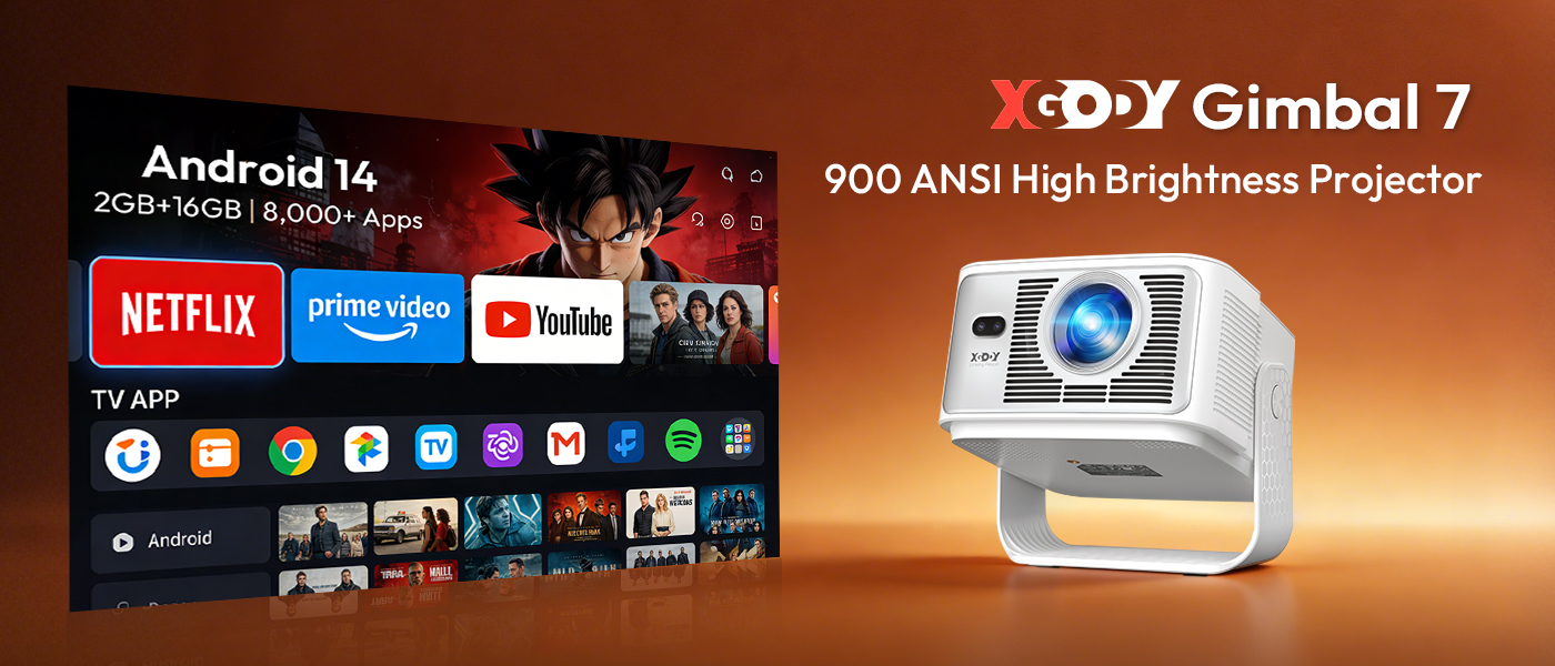 Table of detailed specifications for the XGODY Gimbal 7 projector, including resolution, brightness, contrast, and connectivity.