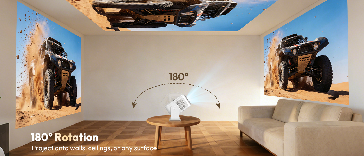 Image showing the projector rotating 180 degrees to project onto different surfaces like walls and ceilings.