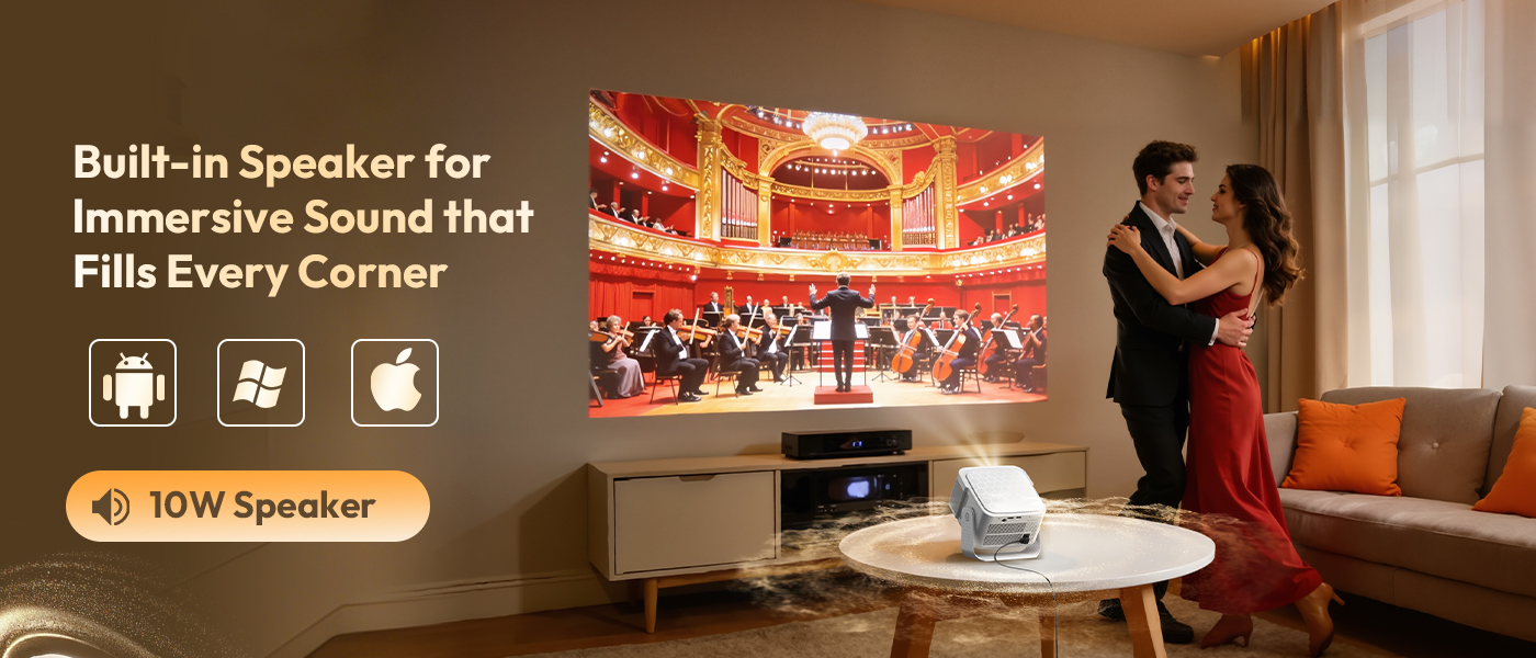 Image highlighting the built-in 10W speaker and its compatibility with Android, Windows, and Apple devices.