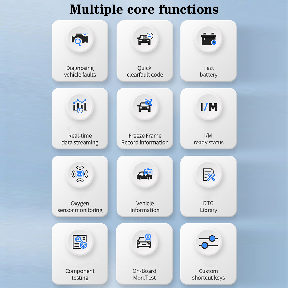 Image showing the OBDII 10 mode diagnosis menu with options like Read Codes, Erase Codes, View Freeze Frame, I/M Readiness, Vehicle Information, Live PCM Data, Realtime Curve, O2 Sensor Test, On-Board Mon. Test, and Component Test.