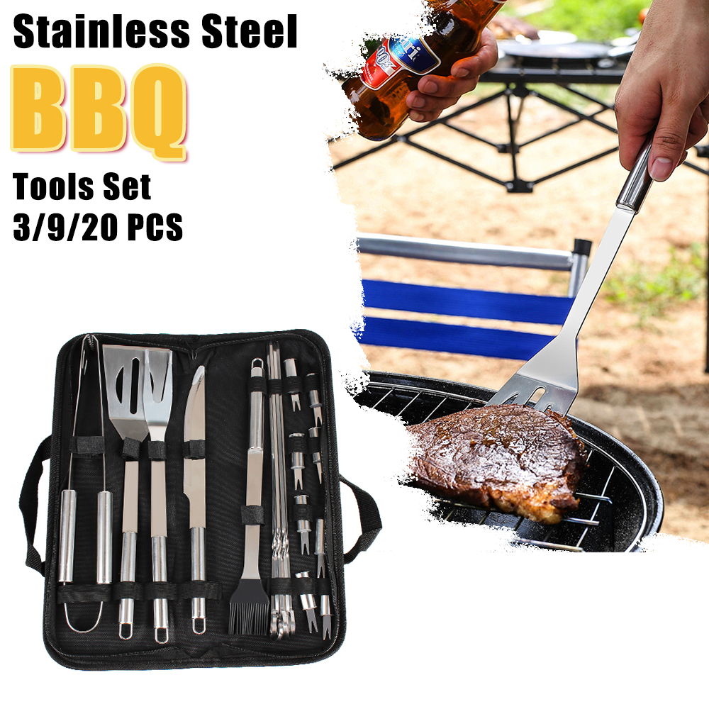 3/9/20 PCS BBQ Tools Set Stainless Steel Barbecue Utensil Spatula Fork  Tongs Knife Brush Skewers For Camping Outdoor - AliExpress