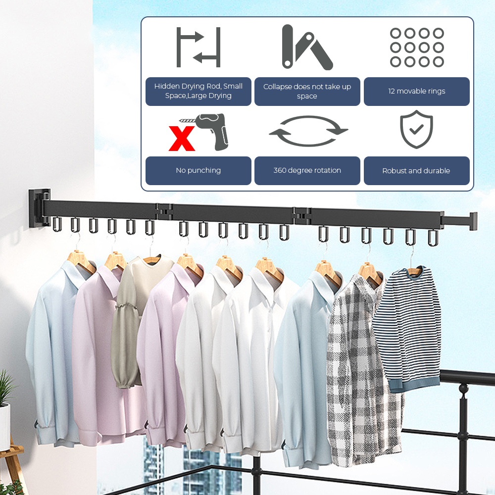 Description Picture 4 of itemAluminum Retractable Indoor and Outdoor Wall Mount Folding Clothes Hanger Space Saving Cloth Drying Rack