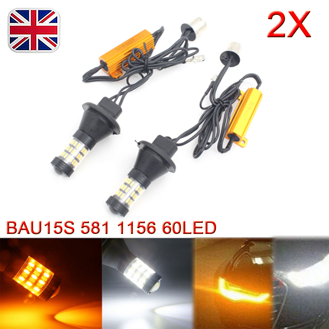2X BAU15S 4014 60SMD Dual Color Switchback Car Reverse Turn Signal Led Light