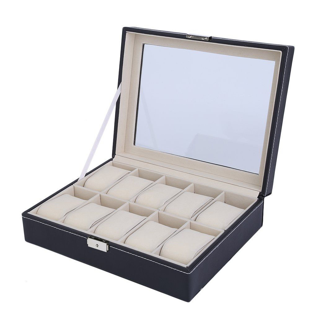 10 Grids Watch Box ,Watch Display Case Mens Watch Case With Glass Lid, Jewelry and Watch Storage Watch Organizer for Men Women