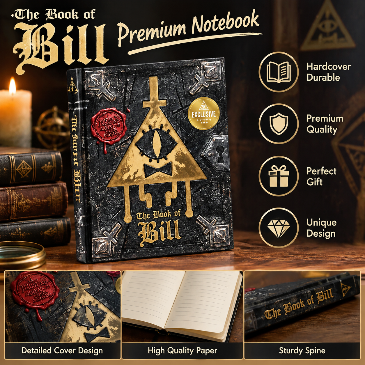 The Book of Bill premium notebook journal photographed on a wooden table with four feature icons on the right and three inset panels showing the detailed cover design, the lined inner pages and the sturdy spine