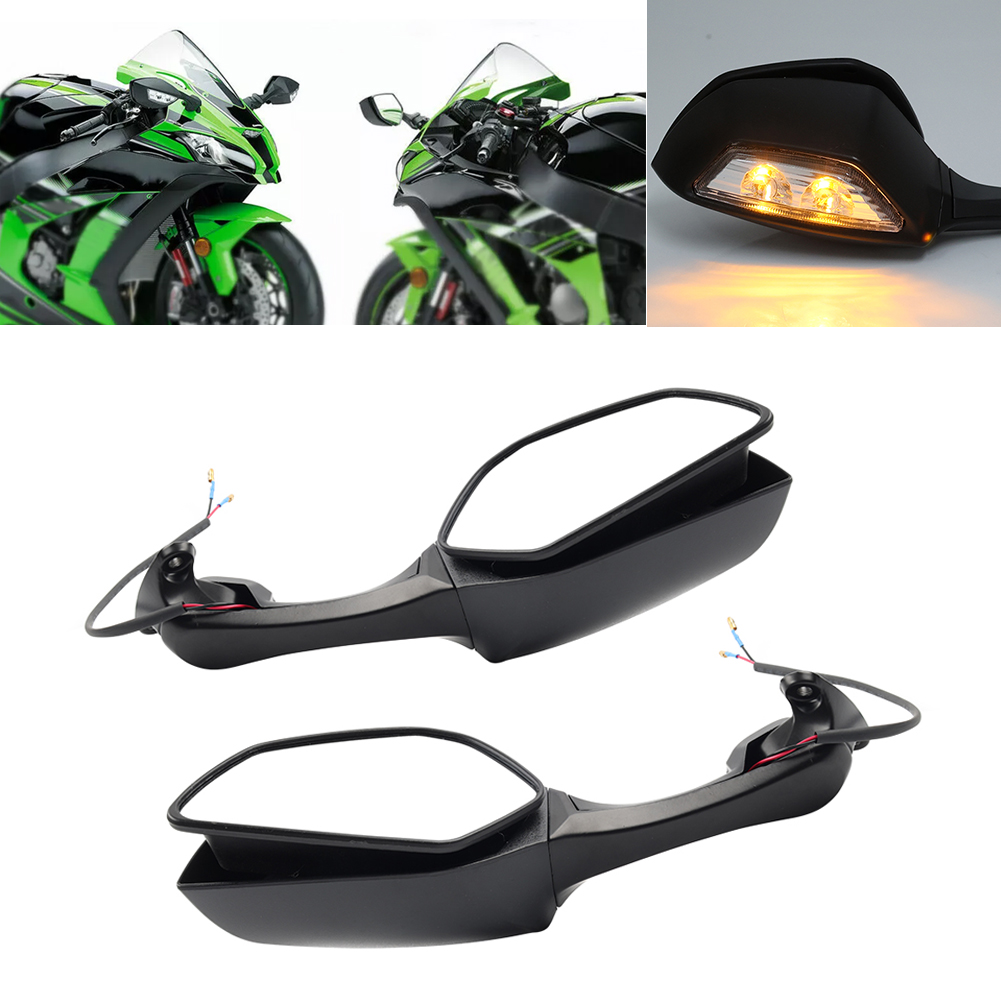 Pair Motor Rear View Mirrors w/ Turn Signals For Kawasaki Ninja