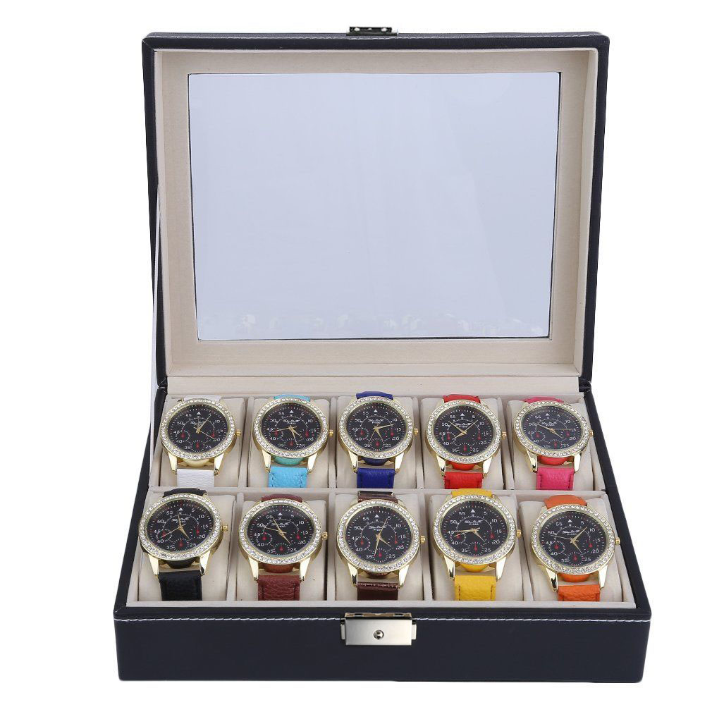 10 Grids Watch Box ,Watch Display Case Mens Watch Case With Glass Lid, Jewelry and Watch Storage Watch Organizer for Men Women