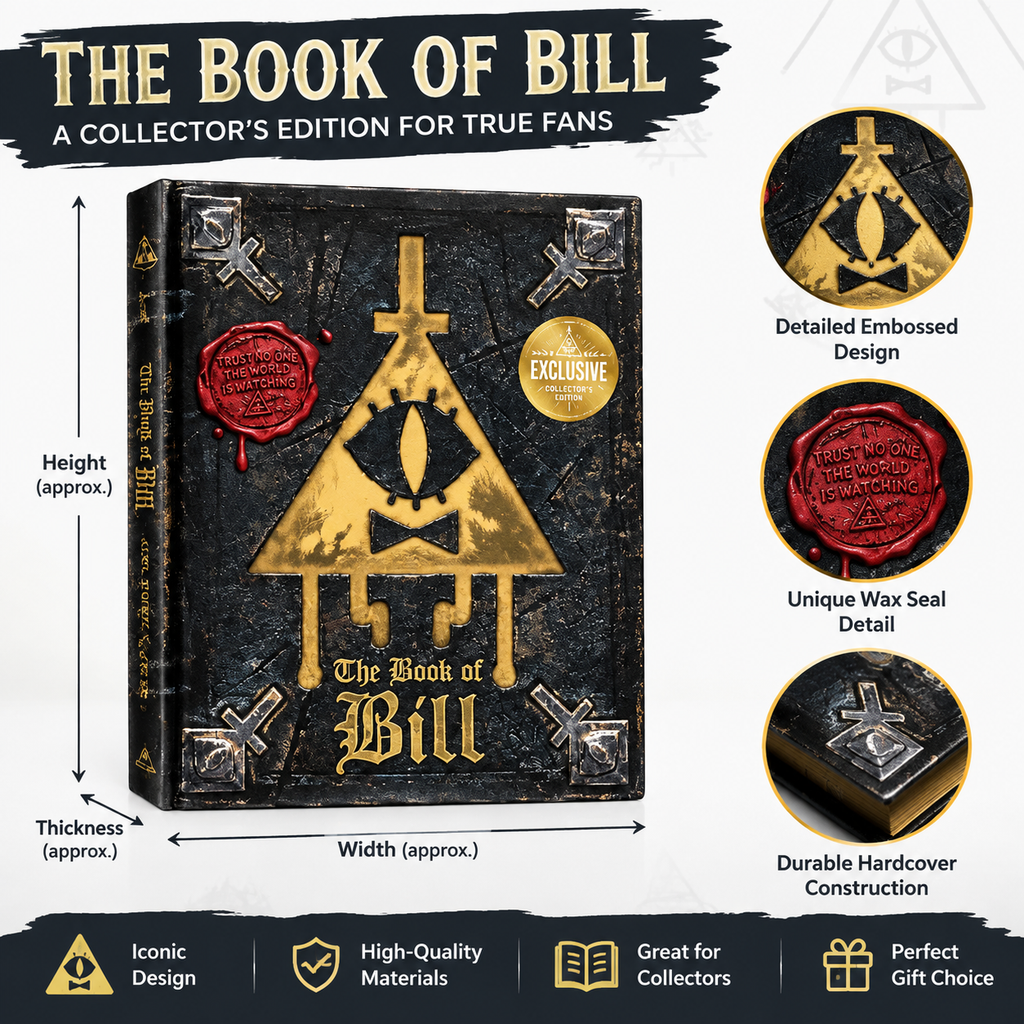 Size guide photo of the Book of Bill collectors edition journal against a white background, with height, width and thickness marked as approximate guide lines and three circular close-ups of the embossed design, wax seal and hardcover corner