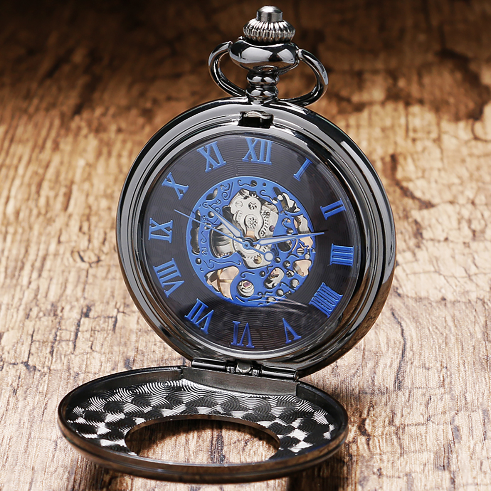 Black Smooth Case Mechanical Pocket Watch Self Winding Blue Skeleton ...