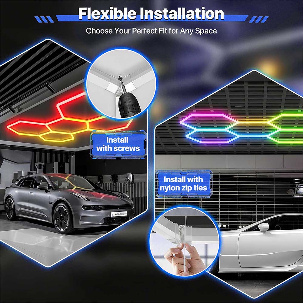 8HEX RGB LED Hexagon Garage Lights Car Detailing Shop Light for
