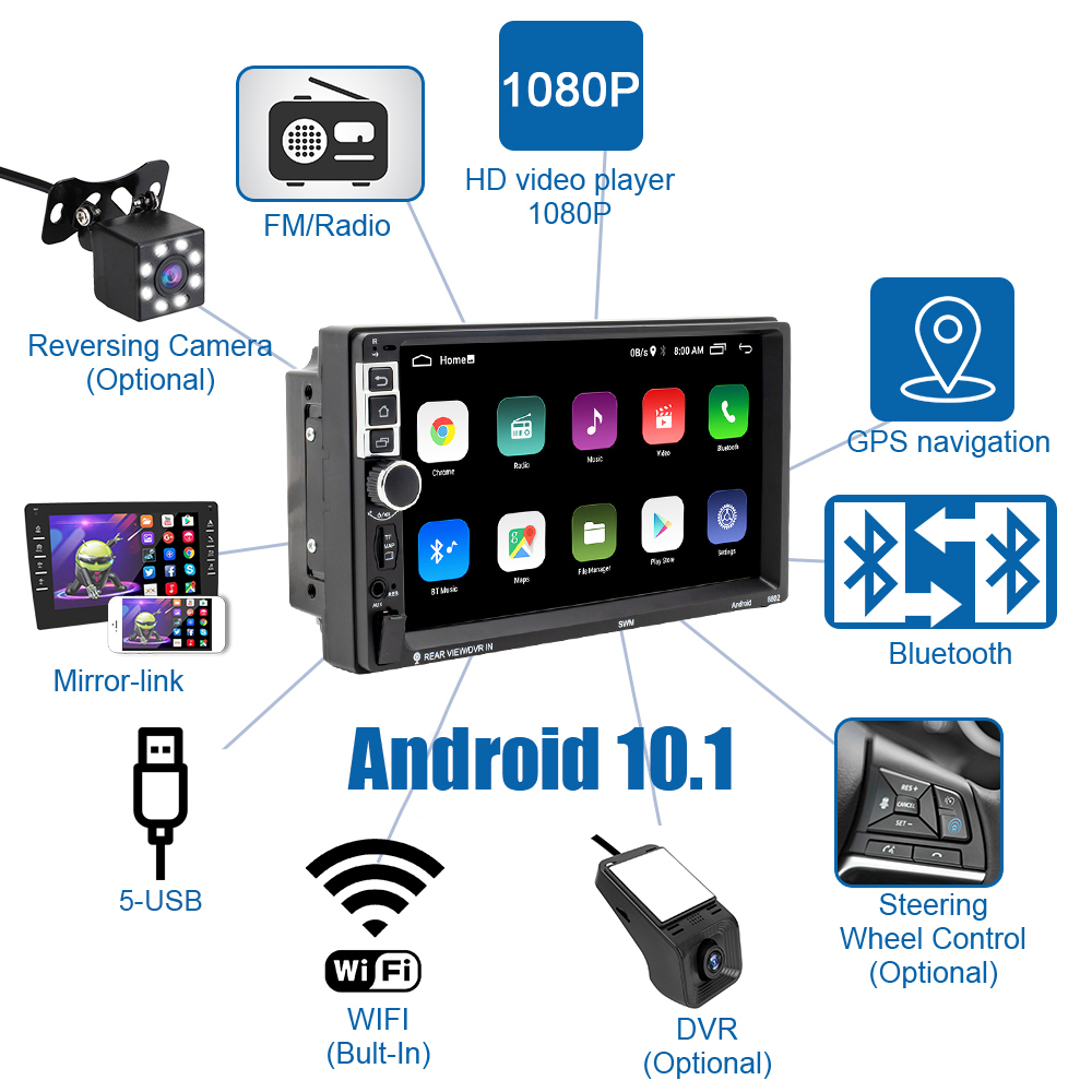 Radio con GPS para coche, 2 Din reproductor Multimedia, Mirror Link, manos libres, Bluetooth, WIFI, TF, 5 USB, receptor FM, vídeo, Audio, Android 10,1, 7 pulgadas