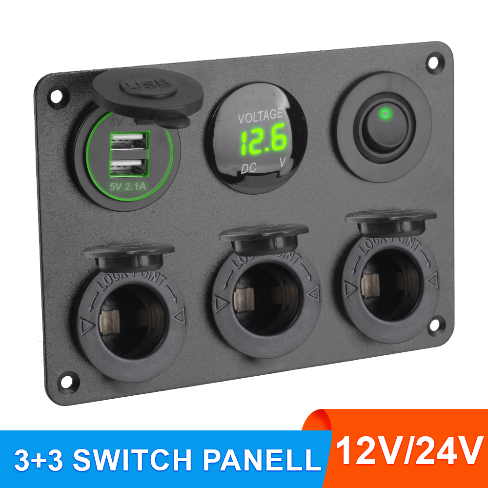 Panel multifunción 12V con tomas USB y voltímetro