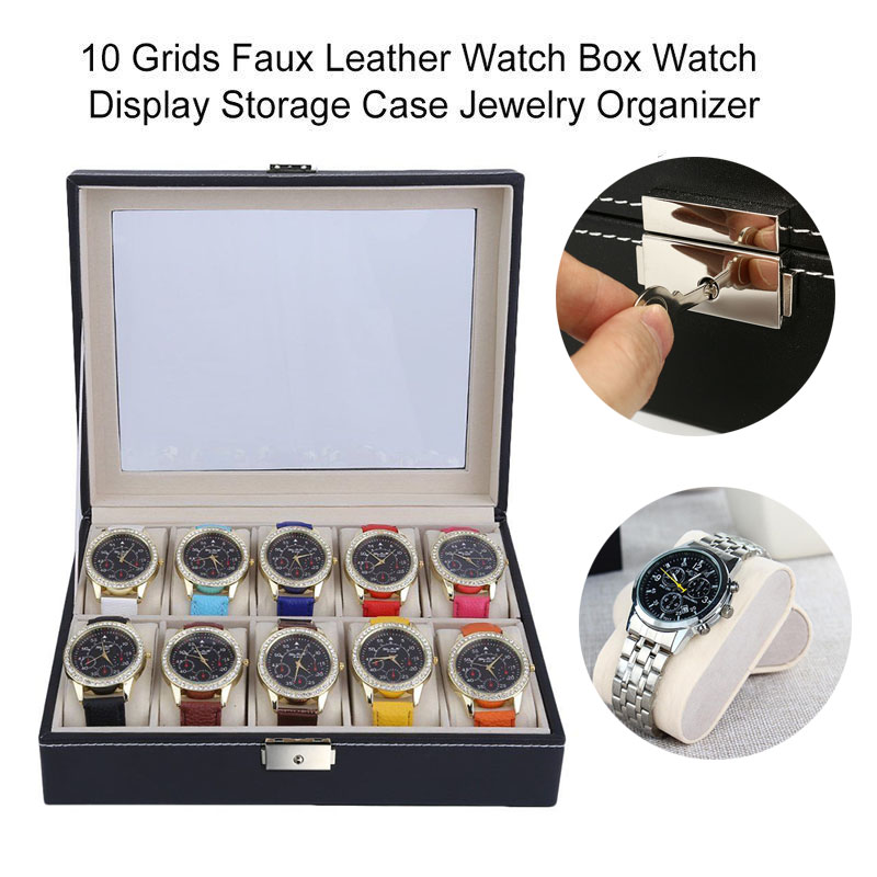 10 Grids Watch Box ,Watch Display Case Mens Watch Case With Glass Lid, Jewelry and Watch Storage Watch Organizer for Men Women