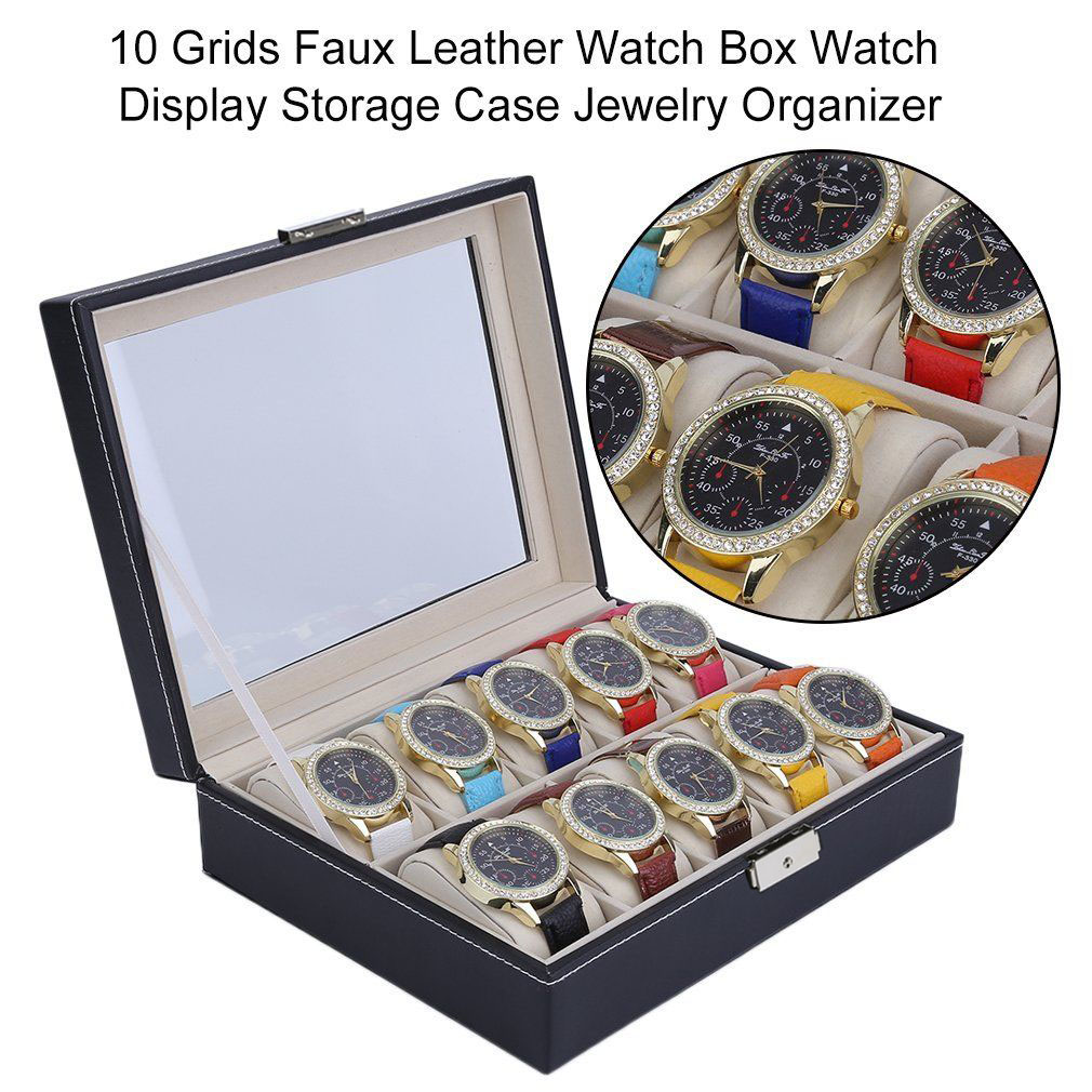 10 Grids Watch Box ,Watch Display Case Mens Watch Case With Glass Lid, Jewelry and Watch Storage Watch Organizer for Men Women
